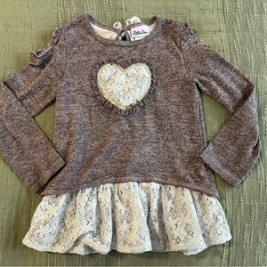 Little Lass Brown Top with Lace Heart and Hem
